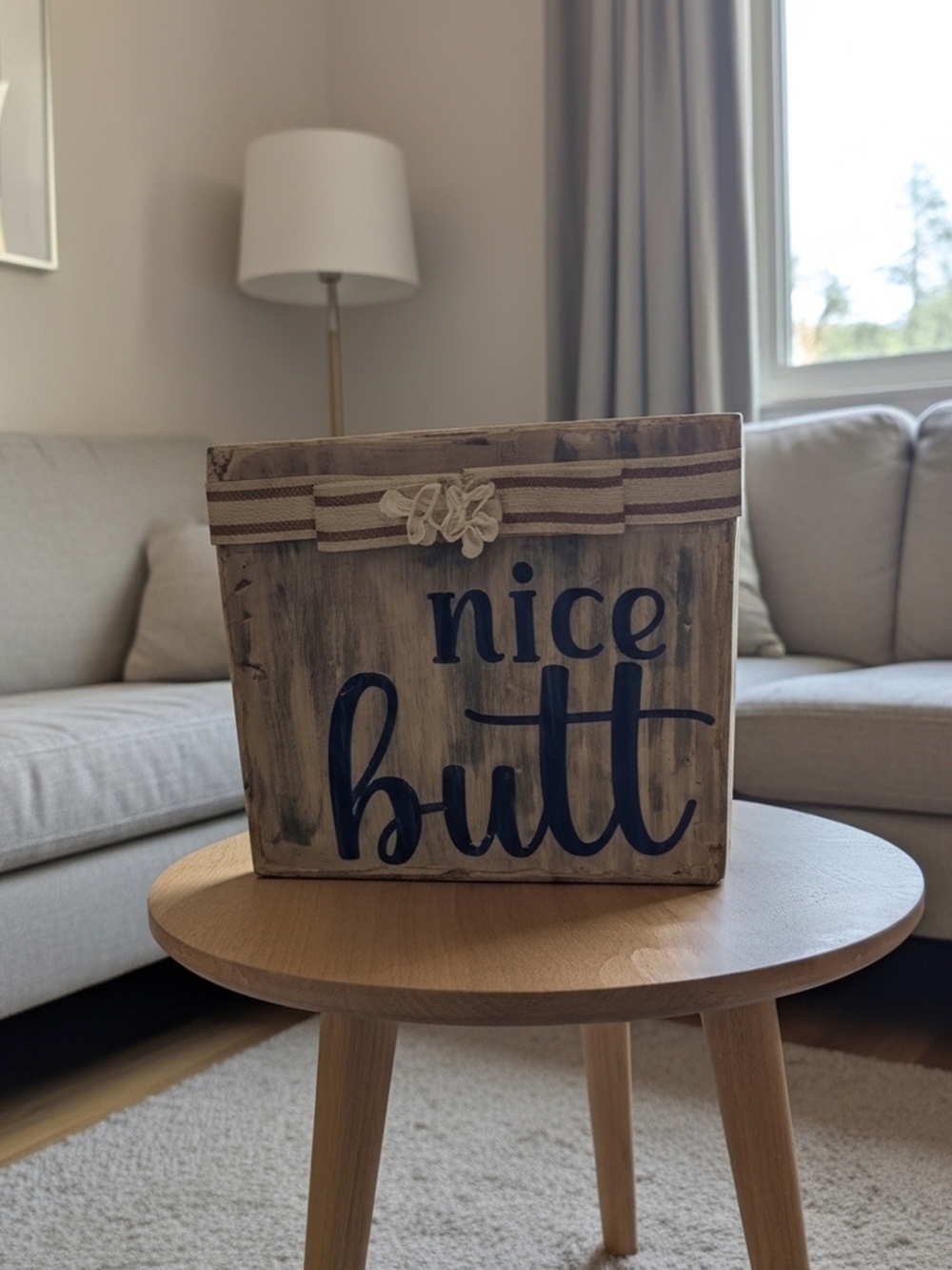 Rustic 'Nice Butt' Decorative Wooden Box - Neutral Brown